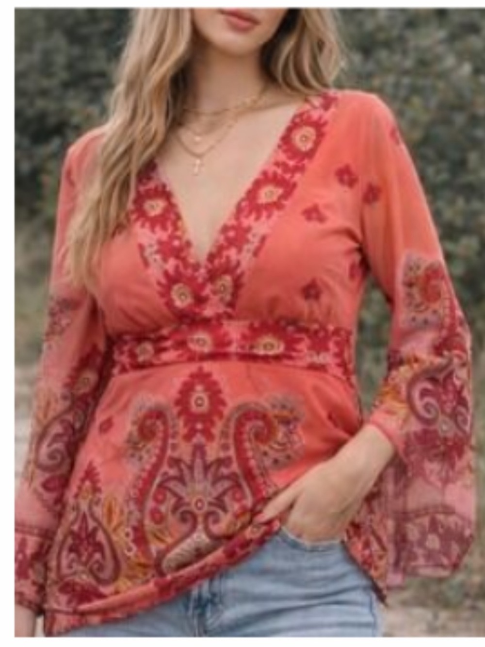 INC Peach Paisley Floral Boho Sheer Flare Sleeve Tunic Blouse